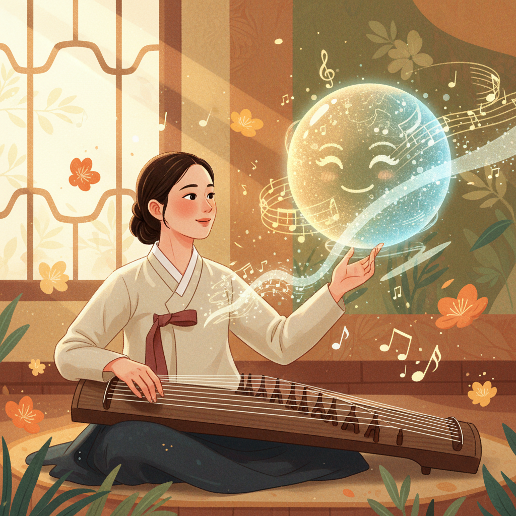 A visually rich illustration depicting a Korean musician collaborating with a friendly, non-threatening AI interface, symbolizing a harmonious creation process. Emphasizes shared creativity with natural lighting and a textured, warm background. No text.