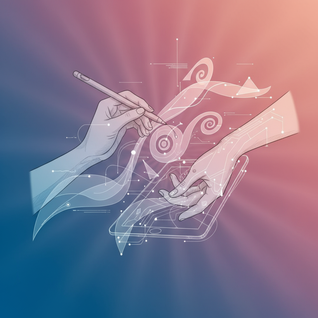 A conceptual image showing a delicate balance between human hand drawing and subtle digital AI tools, symbolizing synergy and augmentation, modern illustration style, gradient background, no text, 1:1 aspect ratio
