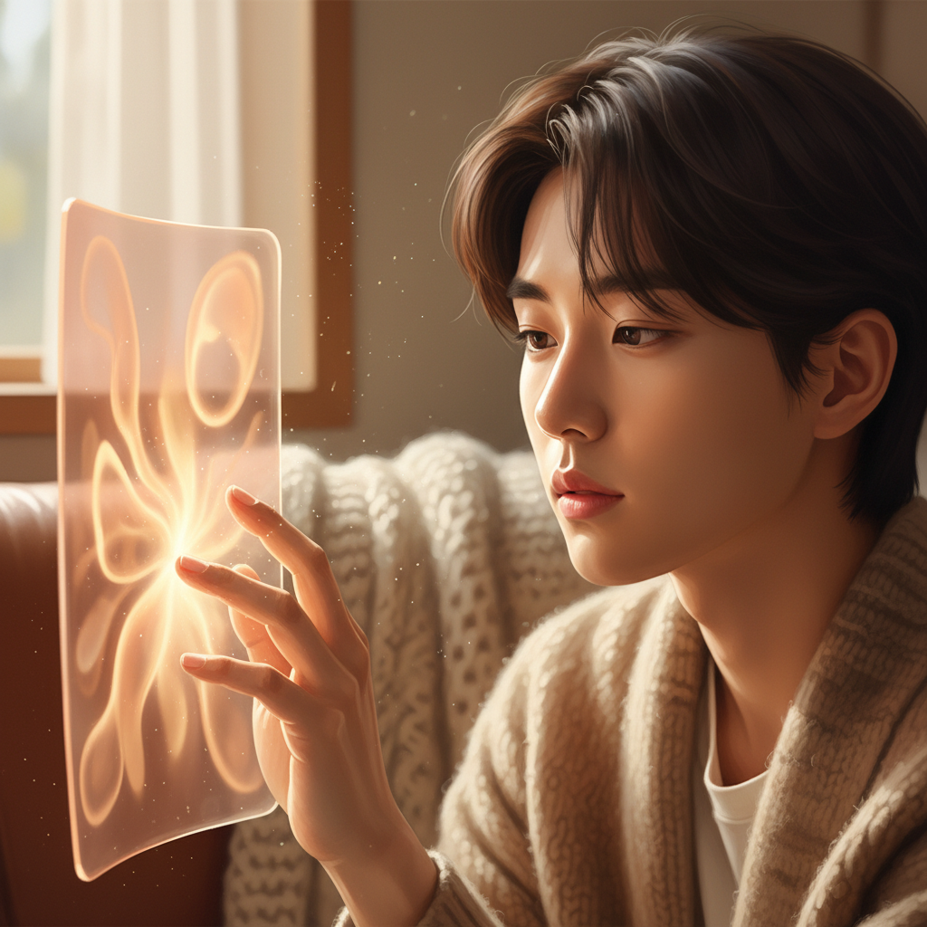 Lifestyle photography showing a Korean person thoughtfully interacting with an AI interface that emits warm, gentle light. Emphasize emotional connection and empathy, with natural lighting and a soft, textured background. No visible text, centered focus.