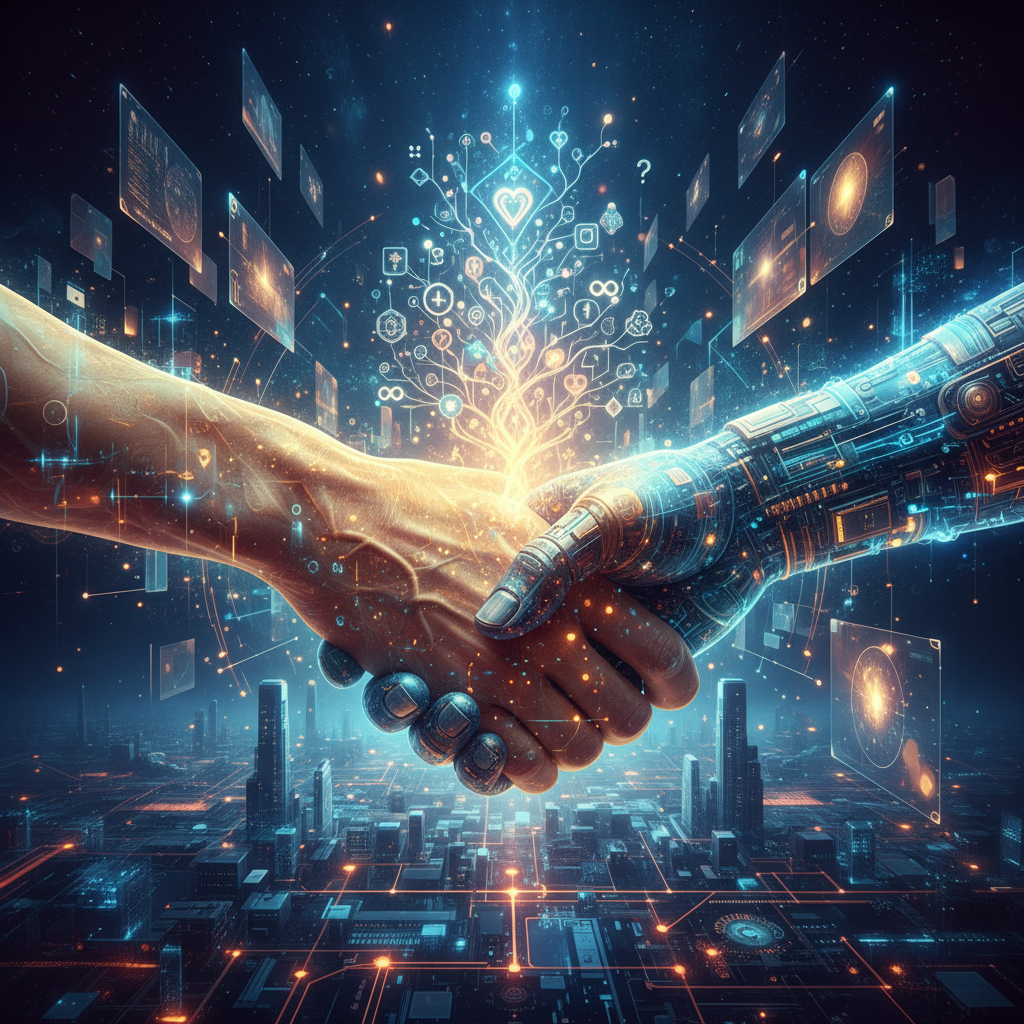A visually rich, symbolic composition showing intertwined human hands and digital elements, suggesting a quest for meaning and connection in the age of AI, with a bright, balanced lighting and a textured, futuristic background, no visible text.