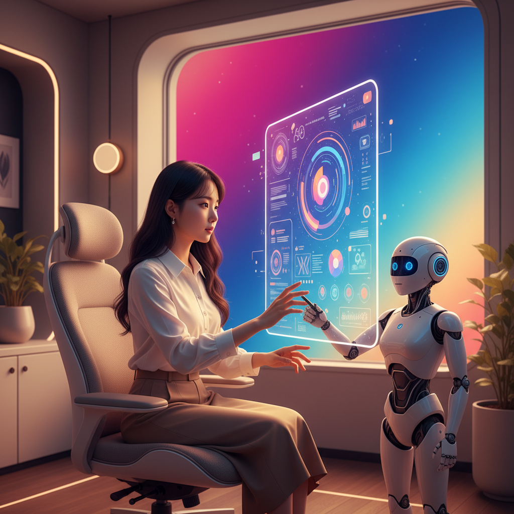 A vivid lifestyle scene showing a Korean person and a stylized AI interface collaborating on creative ideas, warm lighting, futuristic office setting with a colored gradient background, no text
