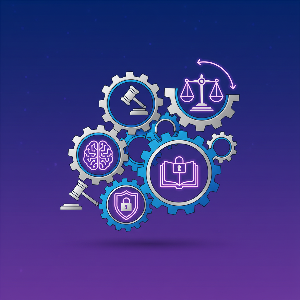 A thought-provoking illustration symbolizing artificial intelligence and copyright protection, with intertwined gears and legal symbols, clean infographic, modern layout, high contrast, gradient blue and purple background, no text, 4:3 aspect ratio