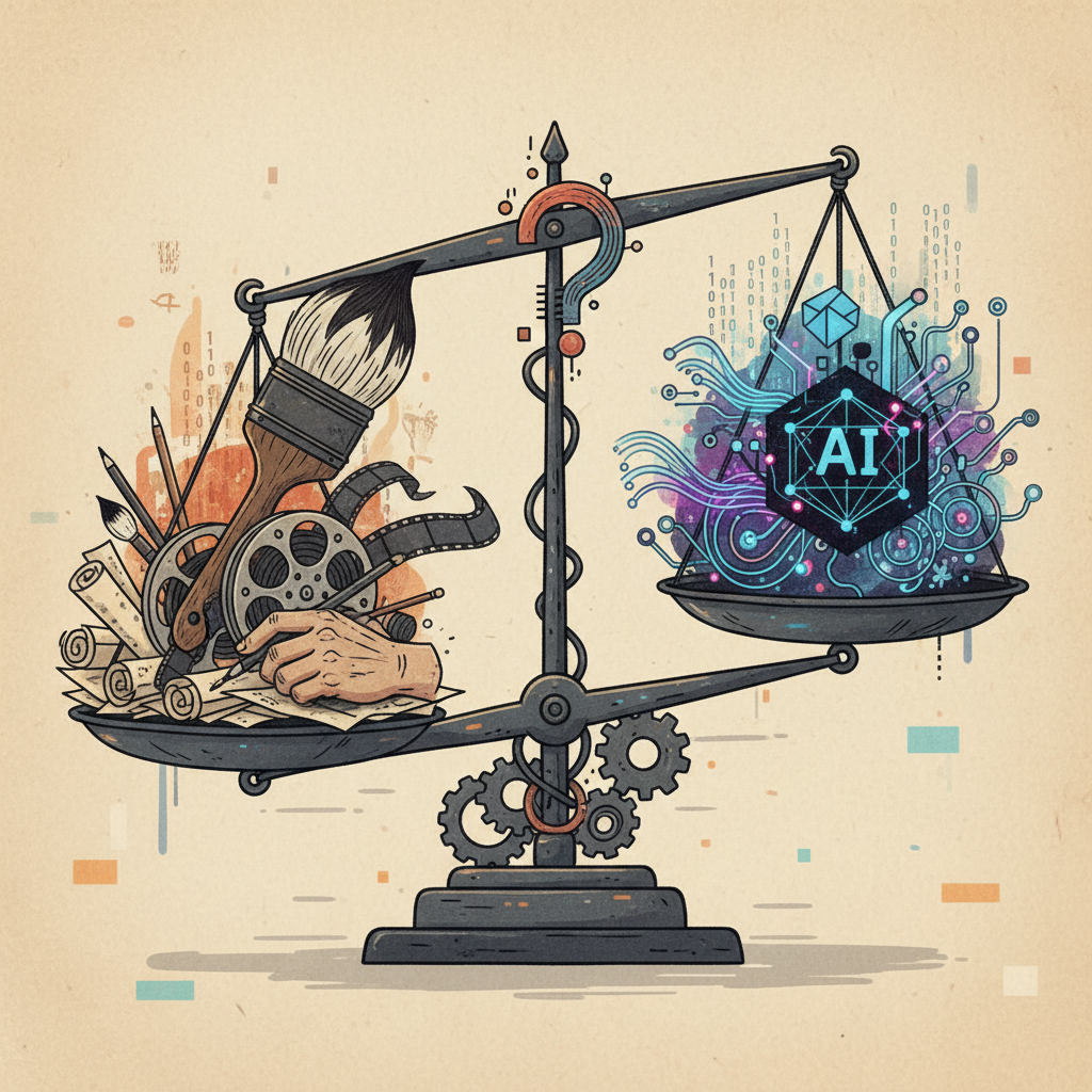 A dramatic illustration depicting a stylized scale, with traditional art tools (paint brush, film reel, Korean artist's hand) on one side and abstract AI symbols (binary code, neural network, glowing circuits) on the other, representing the debate over creative rights and AI, with a thoughtful, slightly darker color palette and textured background, no text, centered focus, no empty margins, bright, balanced lighting.