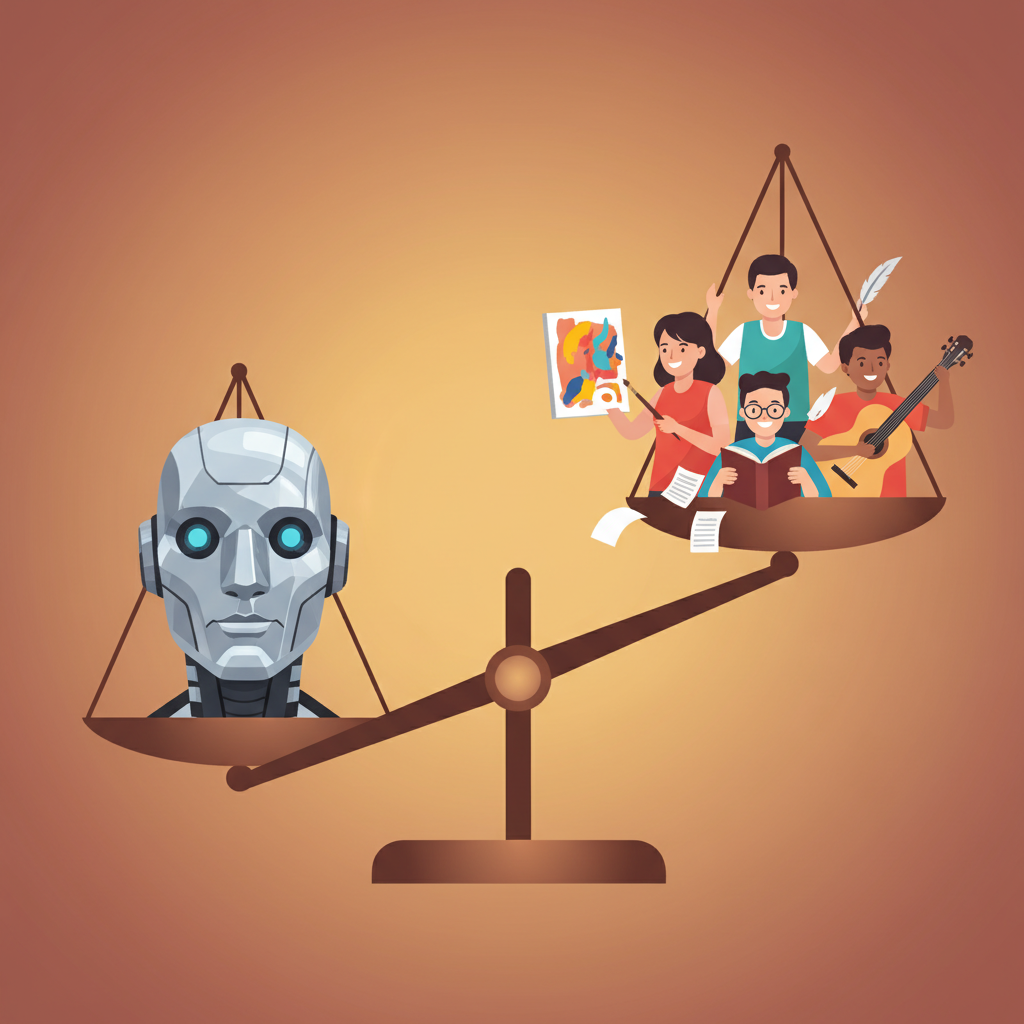 A visual metaphor showing a balanced scale with a robot head on one side and a group of diverse artists (painter, writer, musician) on the other, set against a warm, gradient background, illustration style, no text.