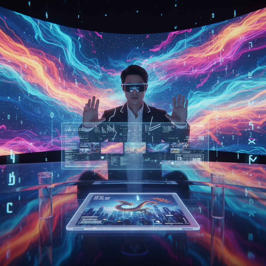 A visually rich scene depicting the future of content creation where a Korean person effortlessly generates stunning video content using advanced AI, centered focus, dynamic colored background, no text