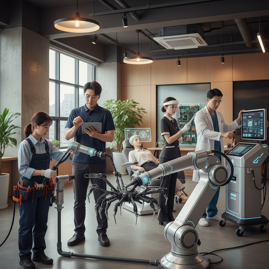 Realistic scene showing a diverse group of skilled Korean workers (e.g., plumber, electrician, beautician, nurse) collaborating with advanced but subservient AI tools, emphasizing human operation and expertise, workshop or service setting, bright and balanced lighting, no text, lifestyle photography.