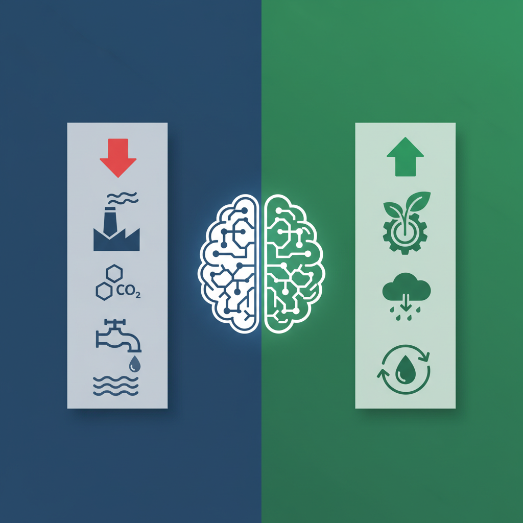 Clean infographic showing the dual impact of AI technology on environment, with symbols for CO2 emissions and water usage, modern layout, high contrast, colored background, no text