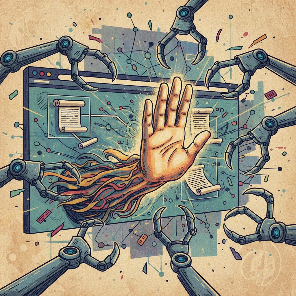 A stylized hand blocking multiple robotic arms trying to grab documents from a website, symbolizing publisher control over AI scraping, illustration, artistic rendering, textured background, no text