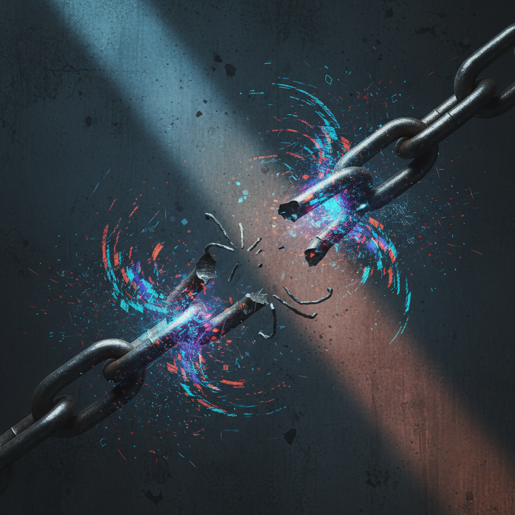 A stylized image showing a broken chain link symbolizing copyright infringement, alongside abstract visual glitches or "hallucinations" emanating from an AI interface. Darker, more serious tones with contrasting elements. Style: conceptual illustration, dramatic lighting, textured background, no text.