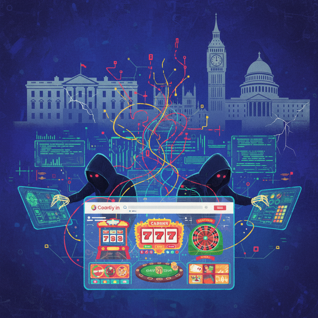 A stylized illustration depicting a complex, multi-layered cyber attack. The foreground shows a seemingly innocent gambling website, while in the background, shadowy figures (representing nation-state actors) manipulate sophisticated digital controls. Connections extend to government buildings. Style: illustration, artistic rendering, textured background. No visible text. Colored background, centered focus.