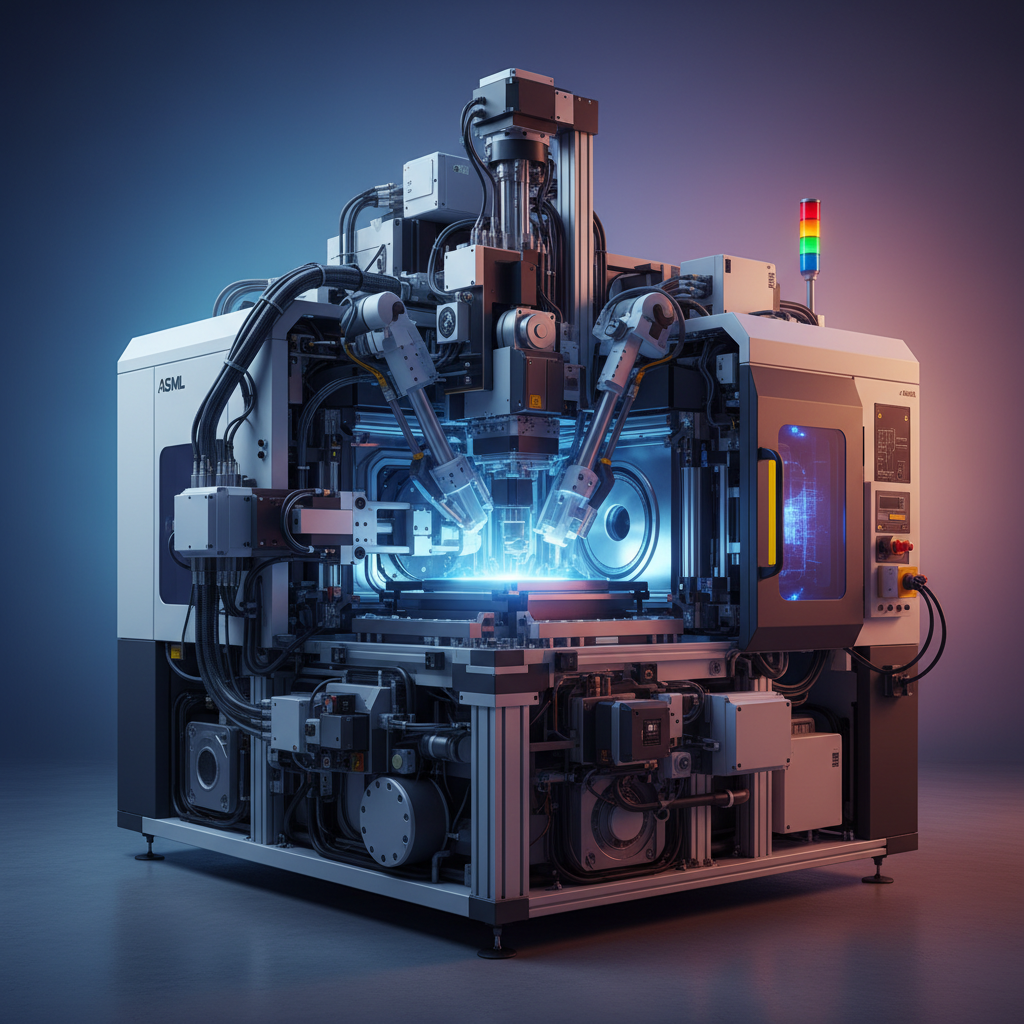 Advanced ASML semiconductor etching machine operating with precision, intricate details, industrial setting, gradient background, no text, 4:3 aspect ratio
