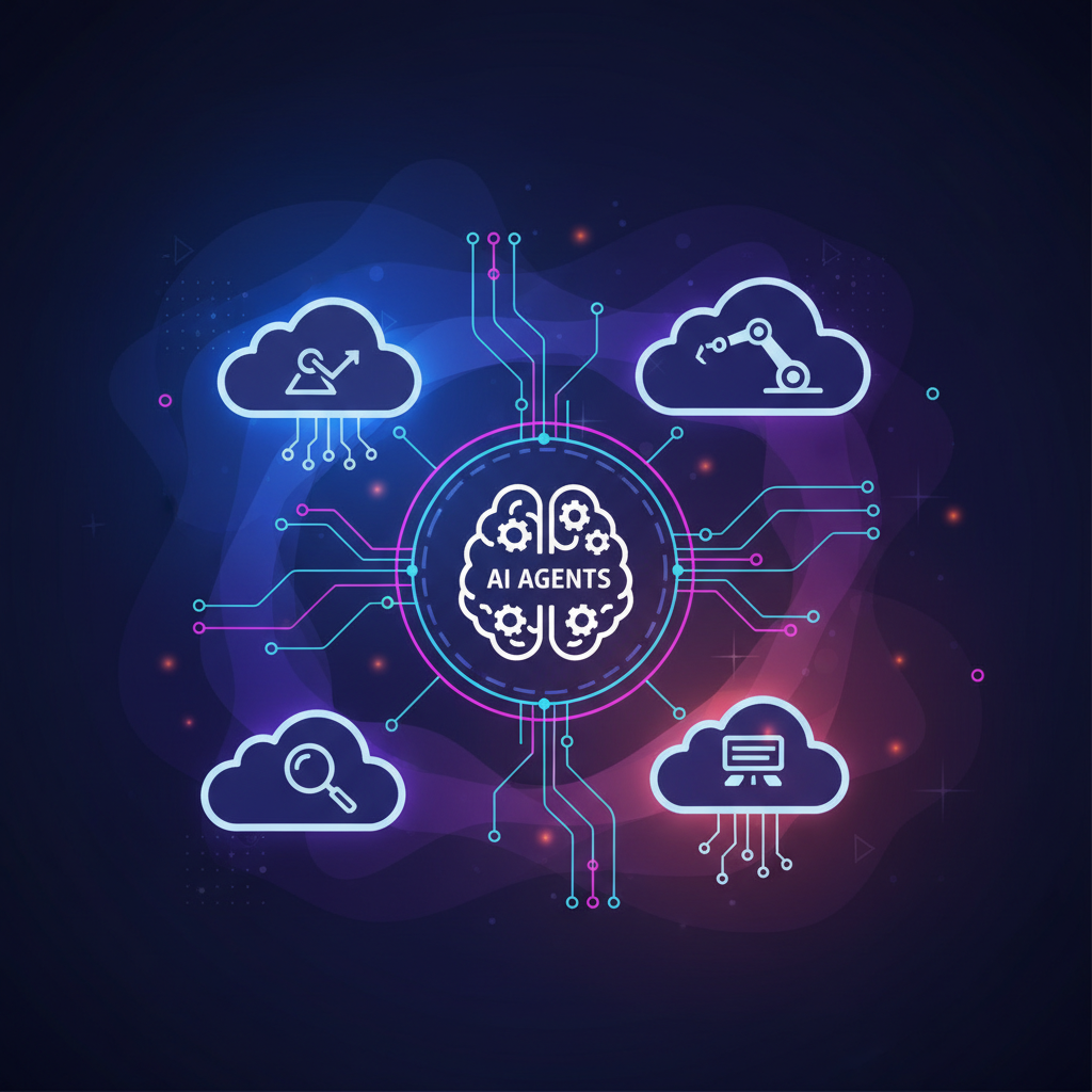 A clean infographic showing AWS AI agents and cloud computing concepts, with a modern layout and high contrast. Features abstract representations of data flow and intelligent automation within a vibrant, textured background. No visible text, balanced lighting.