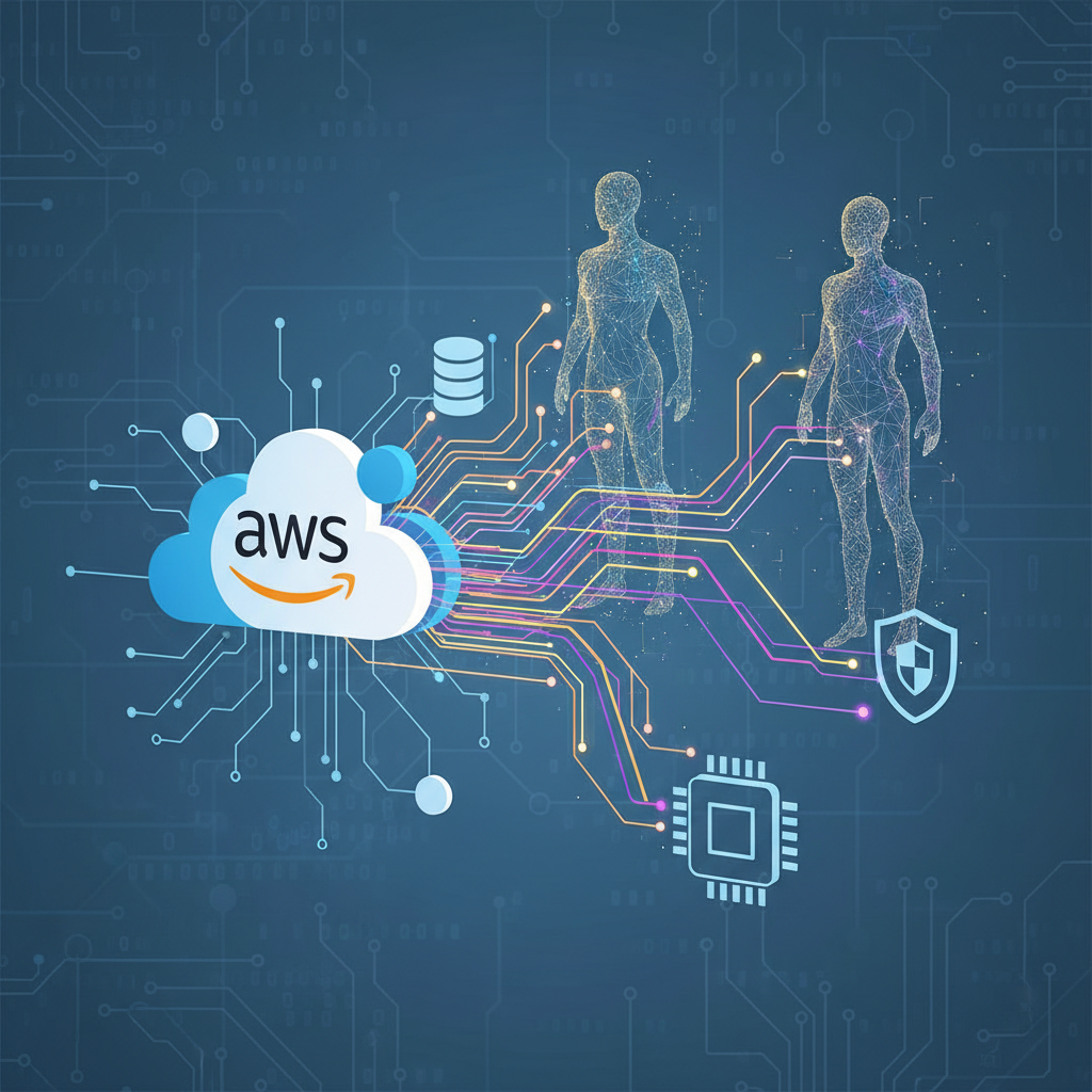Clean infographic, modern layout, high contrast. Visualizing AWS cloud infrastructure merging with advanced AI agents, depicted as seamlessly integrated digital entities. Bright, balanced lighting, textured background. No visible text.