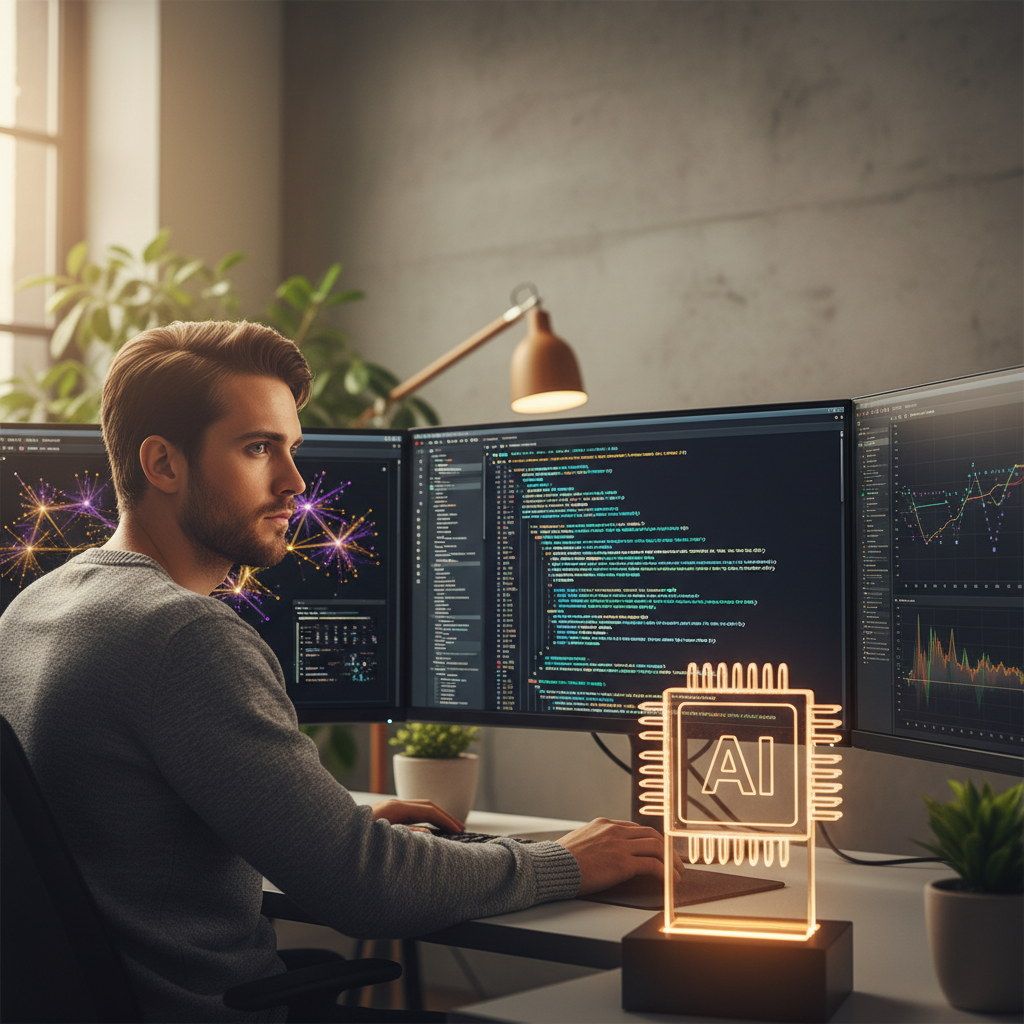 A person with a serious and focused expression, possibly a software engineer, looking at multiple screens displaying complex AI code and data visualizations. A subtle glow emanates from a representation of an AI chip in the foreground. The background is a modern, slightly blurred office setting with a textured wall. Style: lifestyle photography, warm lighting, natural setting. No visible text.