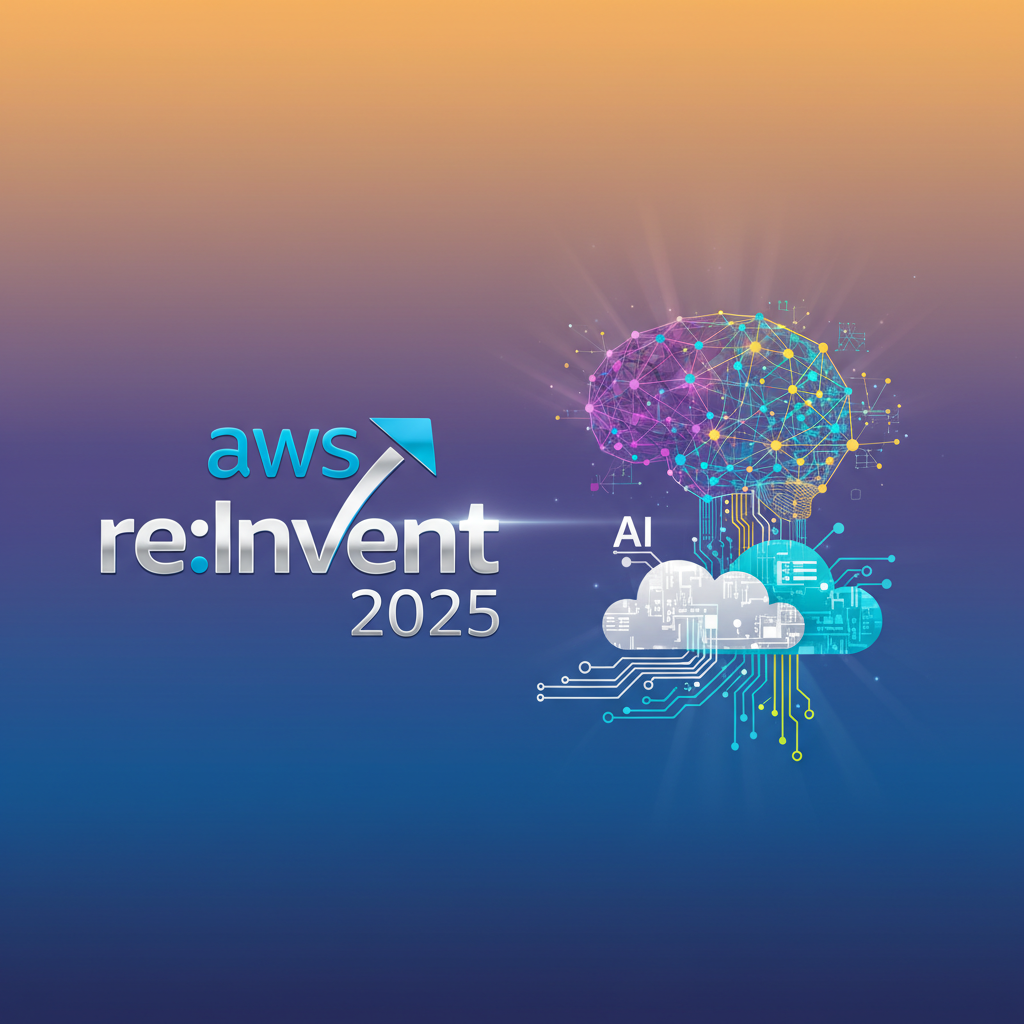 Dynamic graphic featuring the AWS re:Invent 2025 logo alongside abstract representations of artificial intelligence and cloud computing. The design should convey innovation and technological advancement, with bright, balanced lighting and a colored gradient background. No visible text, clean infographic style.