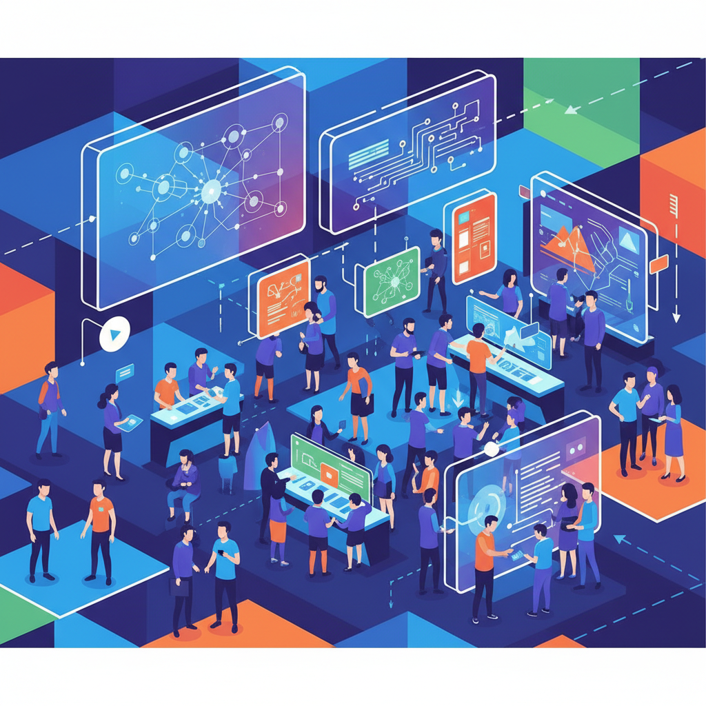 A bustling convention center with attendees engaging in discussions and demonstrations. Digital displays show "AWS re:Invent 2025" and abstract AI graphics. Style: clean infographic, modern layout, high contrast. No visible text in image. Colored background.