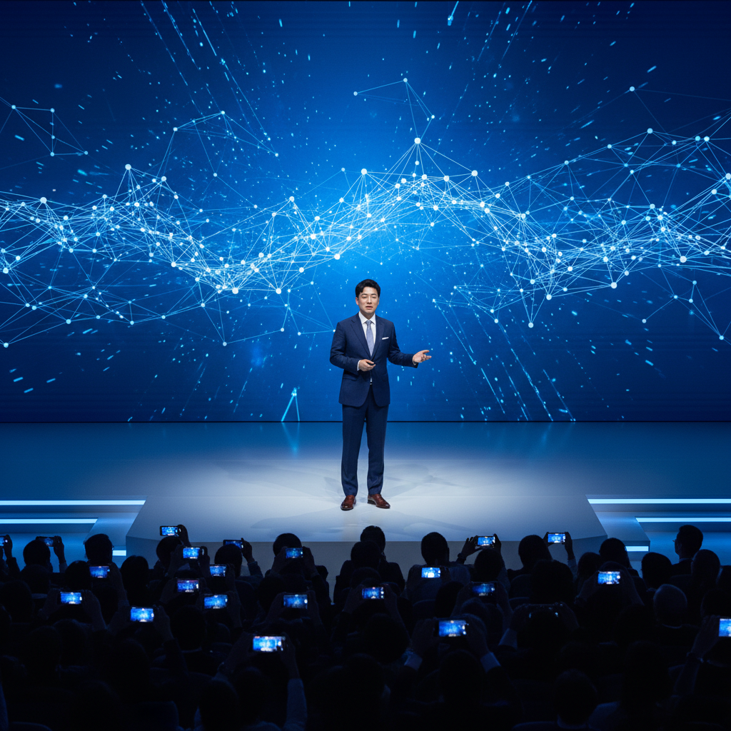 A professional man, Korean appearance, on a stage with a large screen displaying abstract AI network graphics, presenting to an audience. Style: modern infographic, high contrast, blue and white color scheme. Centered focus, no text on screen or stage. Bright, balanced lighting.