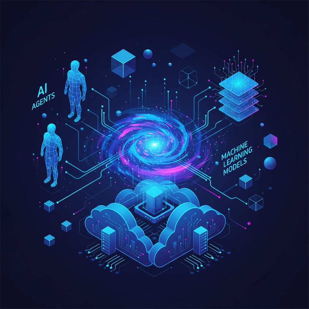 A dynamic and futuristic infographic showcasing the essence of AWS re:Invent 2025. Illustrate various AI concepts like AI agents, machine learning models, and cloud infrastructure converging, with vibrant blue and purple gradients. Focus on interconnected data flows and abstract representations of innovation, without any visible text. Use a clean, high-contrast, modern layout with minimal empty space.