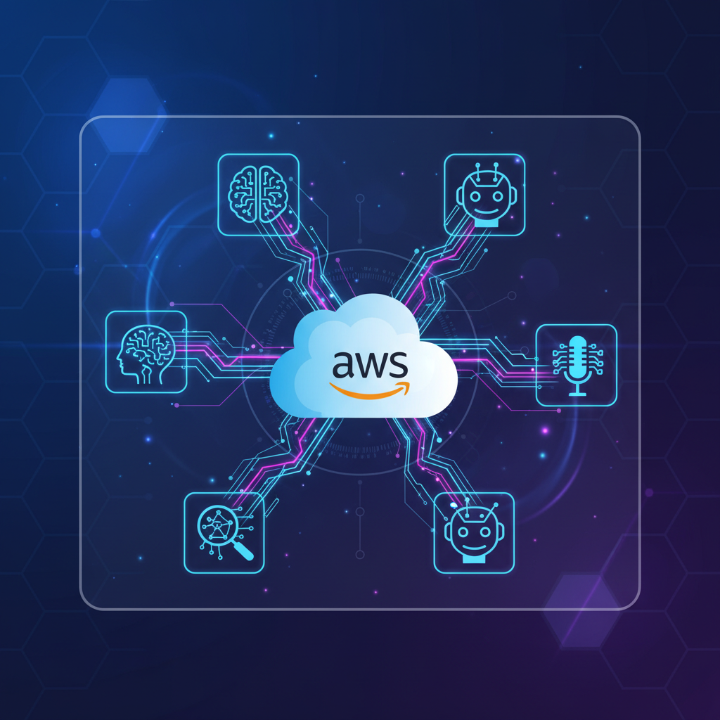 AWS logo interacting with various AI agent icons on a modern, futuristic interface. Clean infographic style, high contrast, gradient blue and purple background. No visible text.