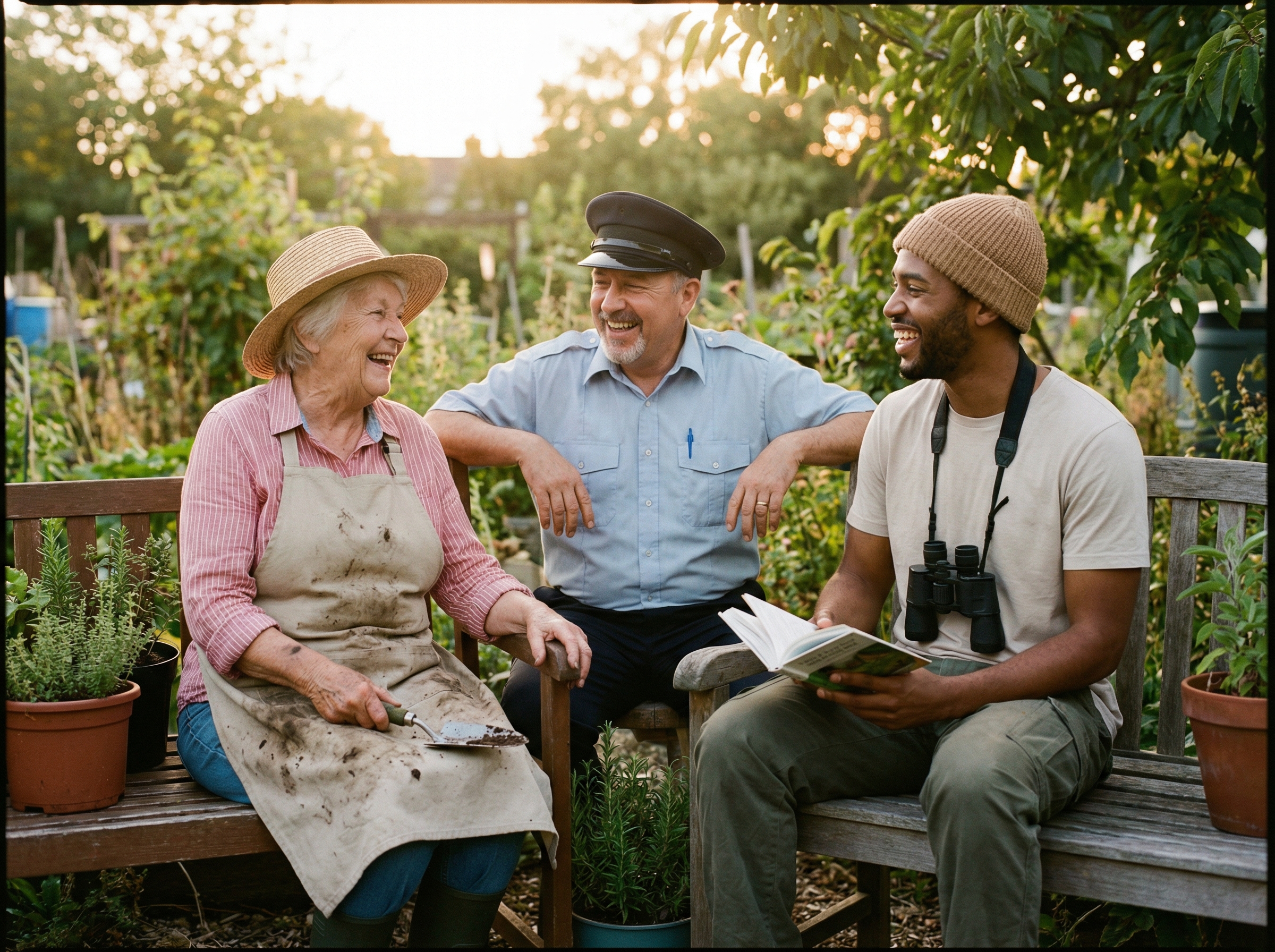 A diverse group of authentic social media creators, including an elderly gardener, a bus driver, and a bird enthusiast, laughing genuinely together in a natural, warm setting. Lifestyle photography, warm lighting, natural setting, 4:3 aspect ratio, no visible text.
