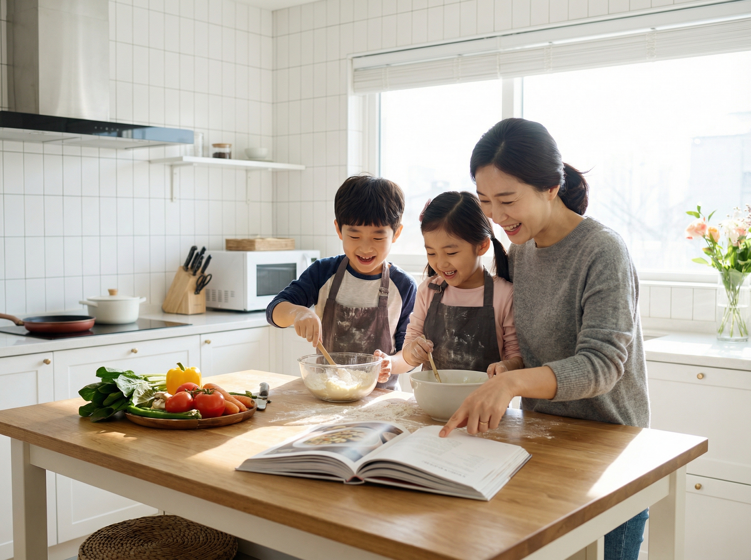 A Korean mother and two children happily cooking together in a modern, bright kitchen, looking at a cookbook. The scene is full of warmth and interaction, showing hands-on activity. Lifestyle photography, natural lighting. Aspect ratio 4:3, no visible text.