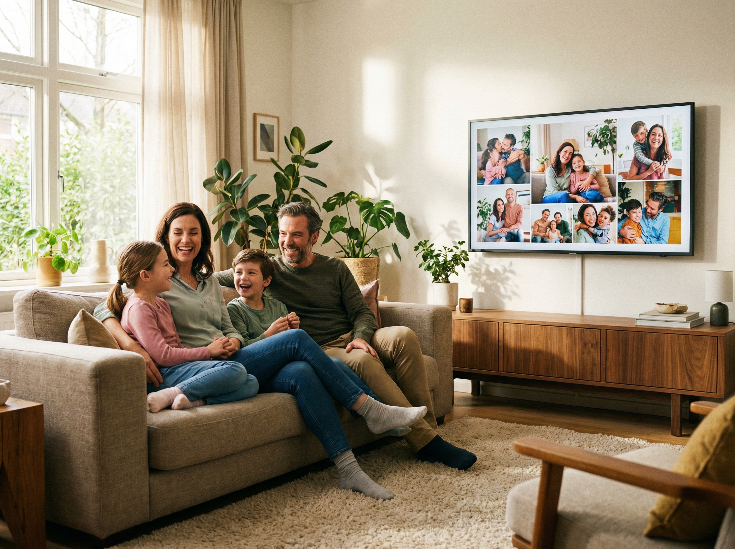 A happy family of four, two parents and two children, sitting on a sofa in a modern living room, smiling and looking at a large Samsung television screen displaying a colorful collage of photos. The room has warm, natural lighting. Aspect ratio 4:3, no visible text.