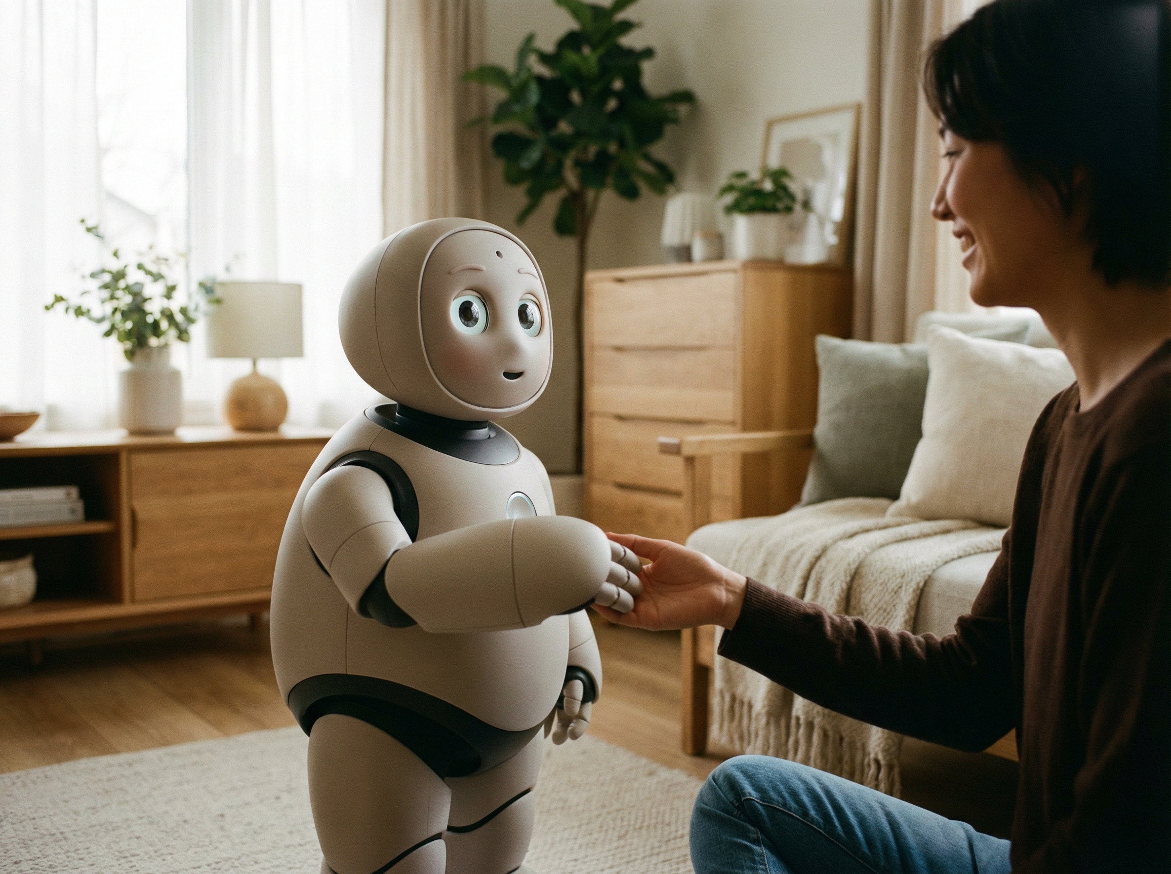 A friendly looking AI companion robot interacting with a person, soft lighting, modern setting, no visible text, aspect ratio 4:3