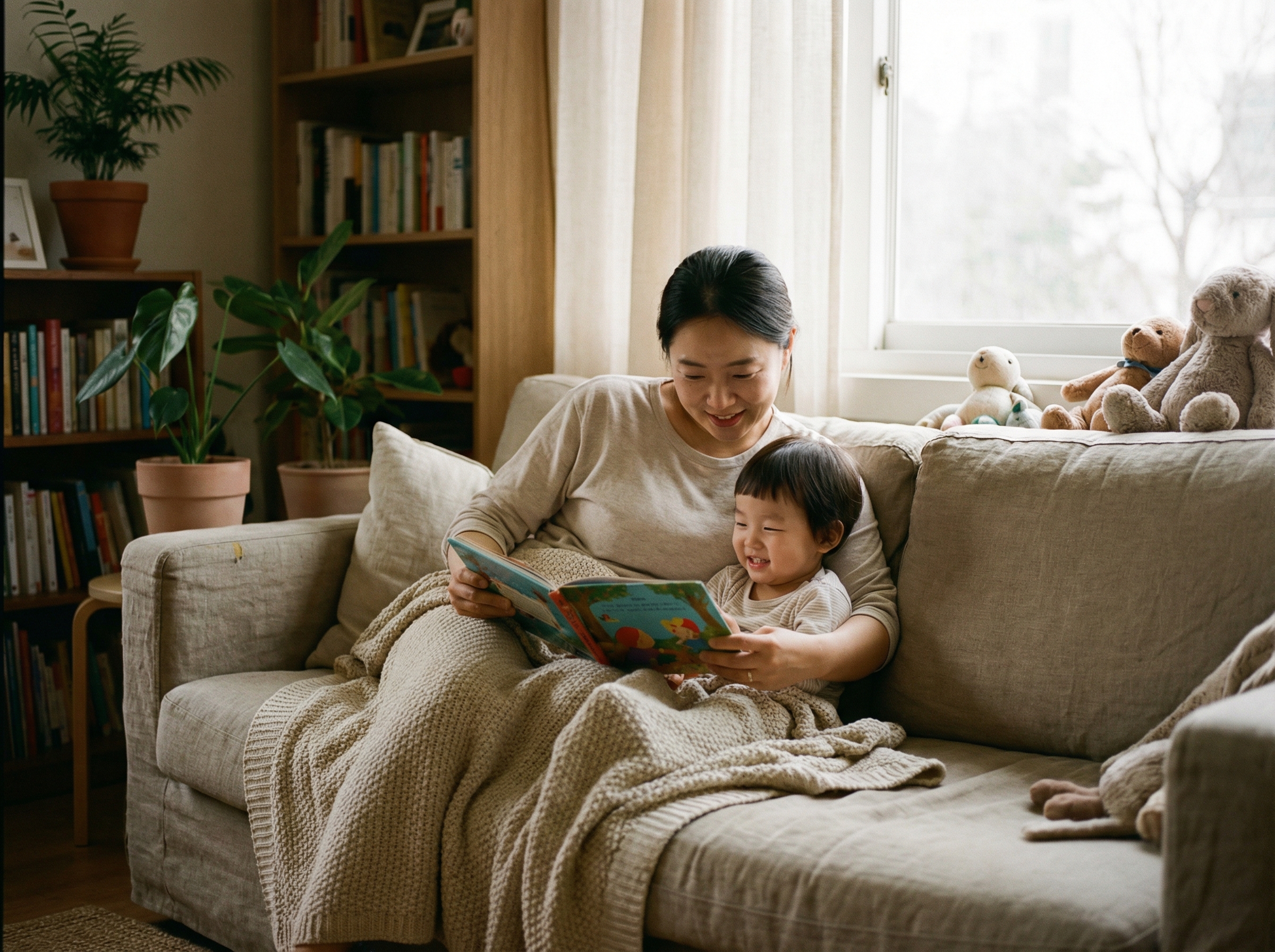 A Korean parent with warm expression reading a storybook to a child on a comfortable couch, both smiling. The room has soft, inviting lighting and a cozy atmosphere. Lifestyle photography, natural setting, warm lighting. Aspect ratio 4:3, no visible text.