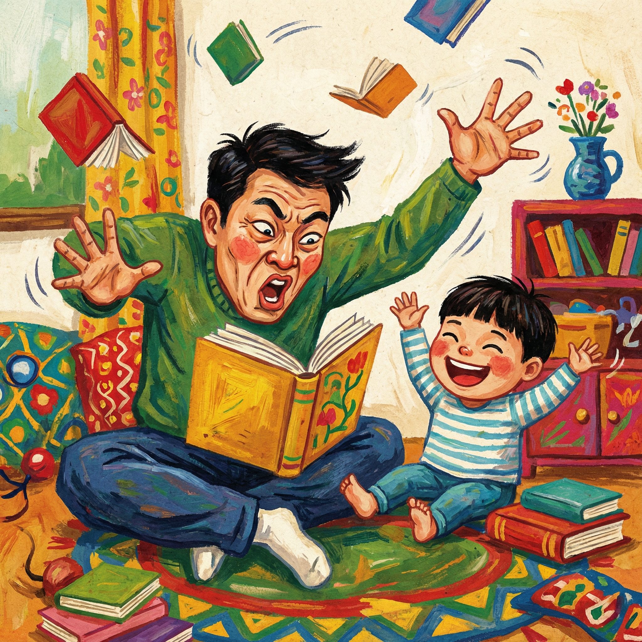 A Korean parent with expressive face and gestures, dramatically reading a storybook to an excited child, who is laughing. The scene is full of energy and fun, with vibrant colors. Artistic rendering, textured background. Aspect ratio 1:1, no visible text.
