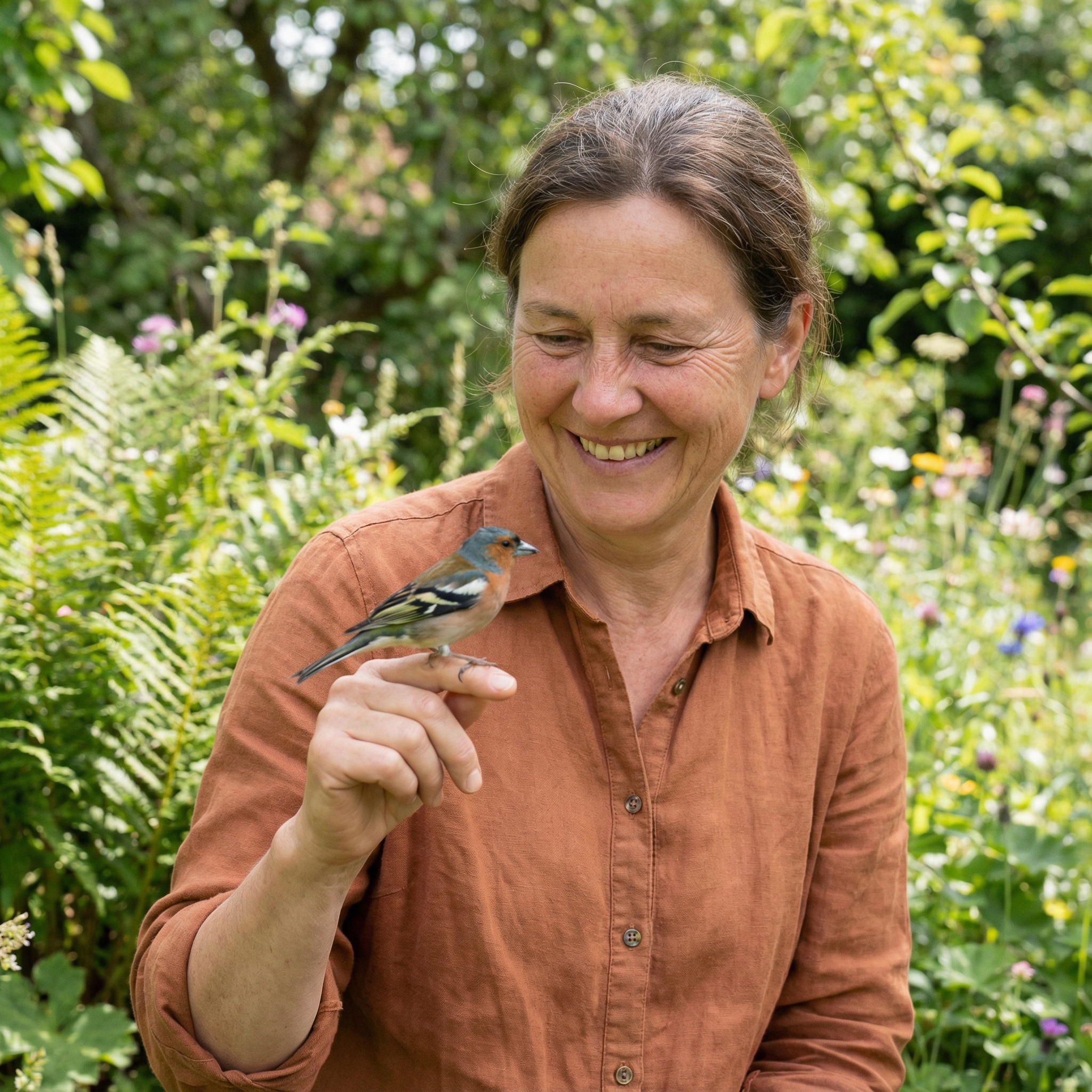 A kind woman with a gentle smile, holding a small, colorful bird on her finger. The background is slightly blurred with natural greenery. Lifestyle photography, natural setting, 1:1 aspect ratio, no visible text.