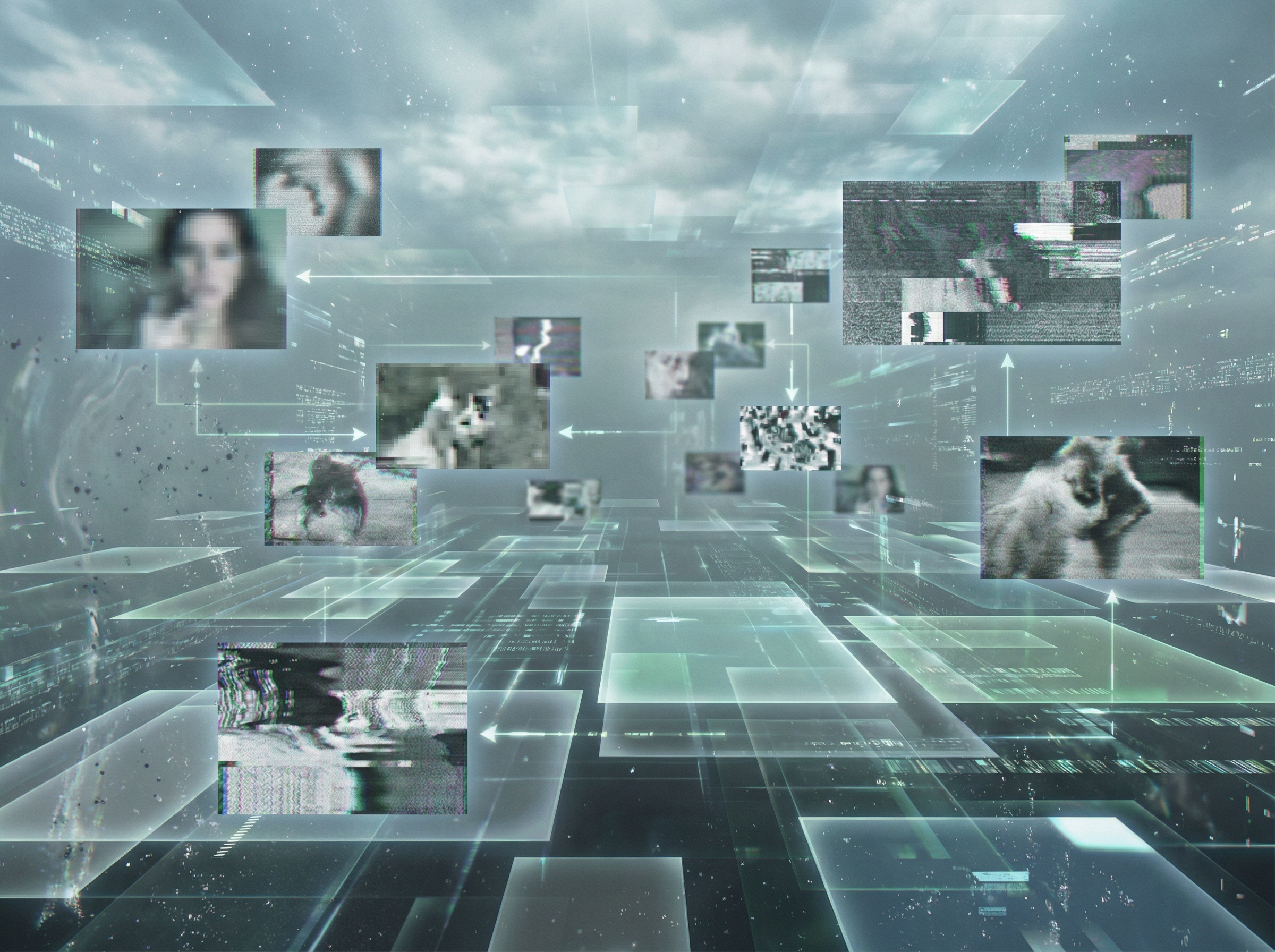 An abstract, surreal landscape with various strange and low-quality AI generated images floating around, symbolizing viral content and digital noise. Informational style, no visible text, 4:3 aspect ratio.