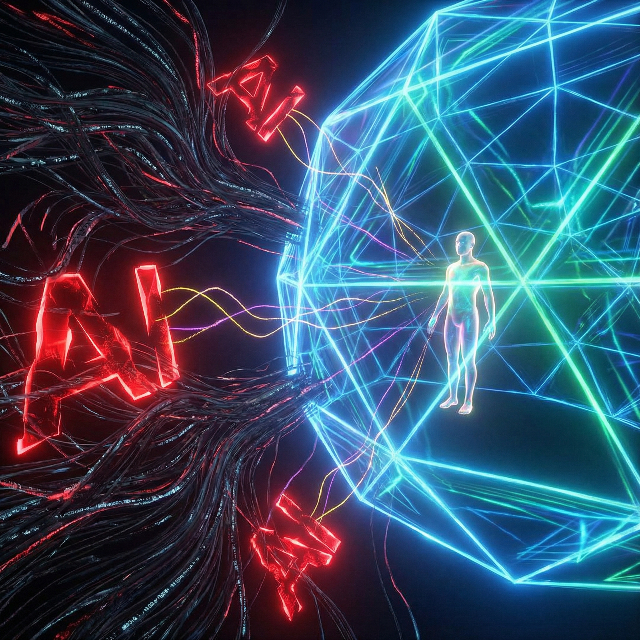 Abstract representation of artificial intelligence risks and the concept of safety measures or guardrails protecting humanity, with subtle glowing lines connecting potential dangers to protective barriers, vibrant digital art, 1:1 aspect ratio, no visible text