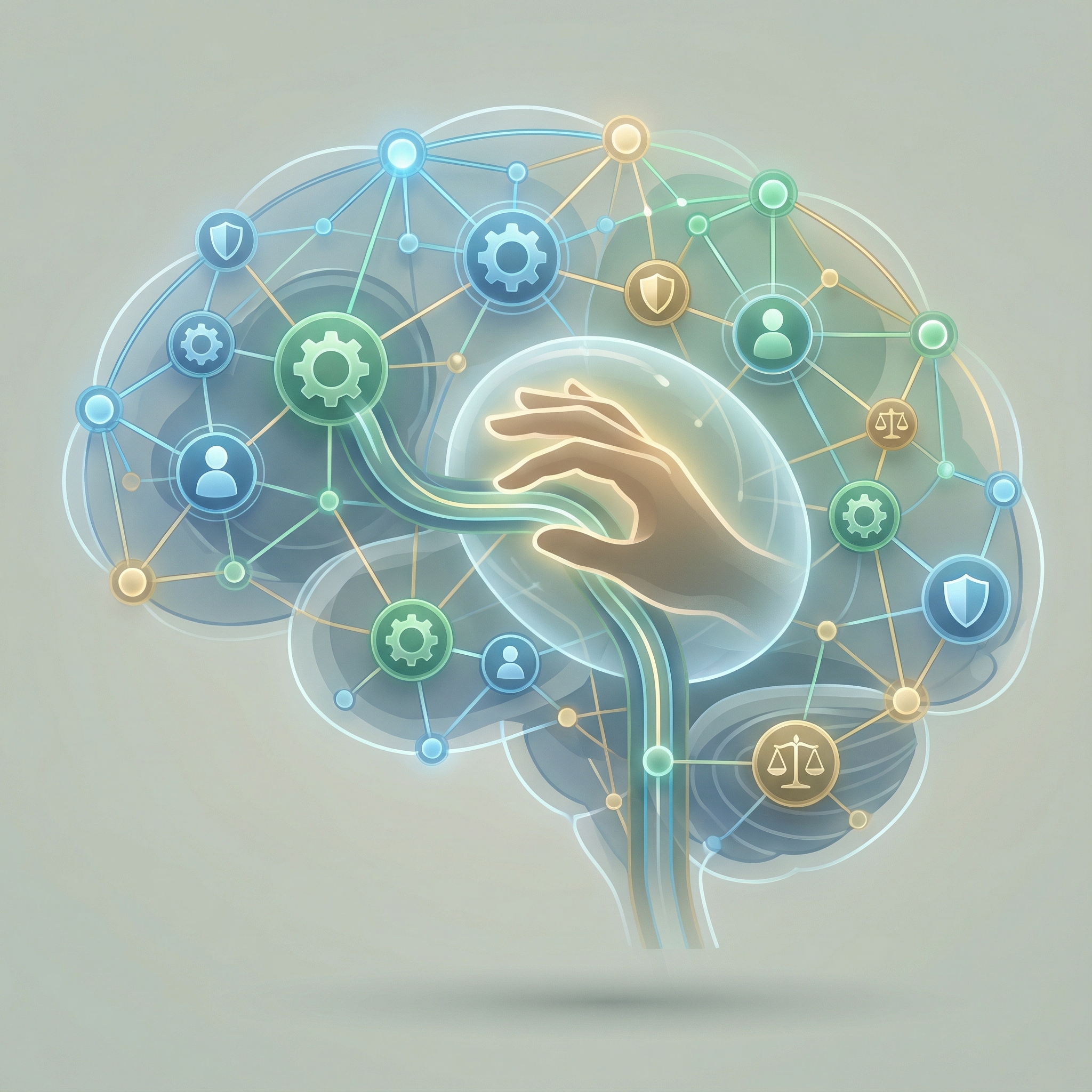 An abstract representation of ethical AI development, showing interconnected nodes and responsible human oversight, clean and modern graphic style, no visible text, aspect ratio 1:1