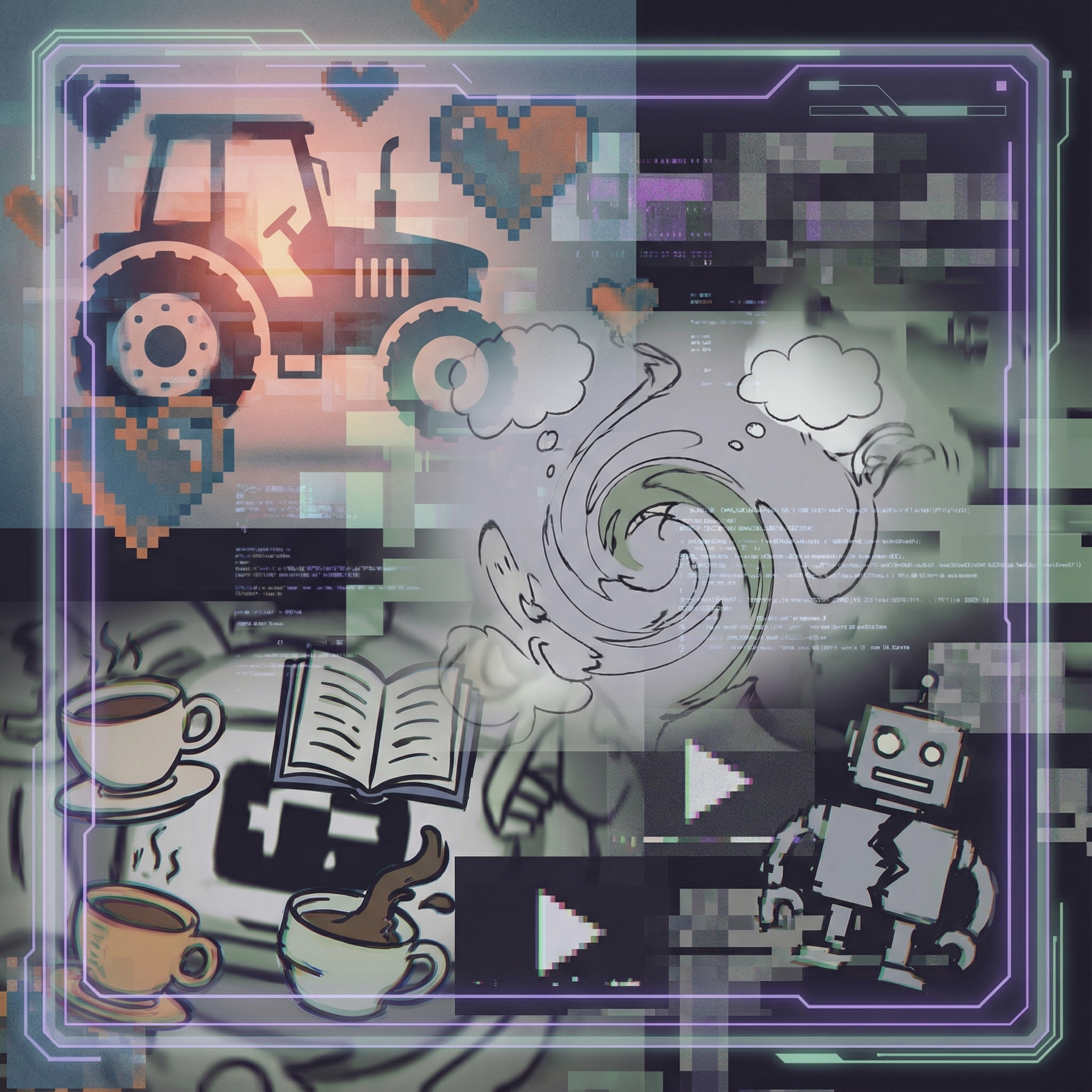An abstract, slightly chaotic image representing the variety of AI-generated content on YouTube, including a subtle, non-explicit nod to "erotic tractors" and popular "life stories" visuals, alluding to low-quality viral content. Modern layout, no visible text, 1:1 aspect ratio.