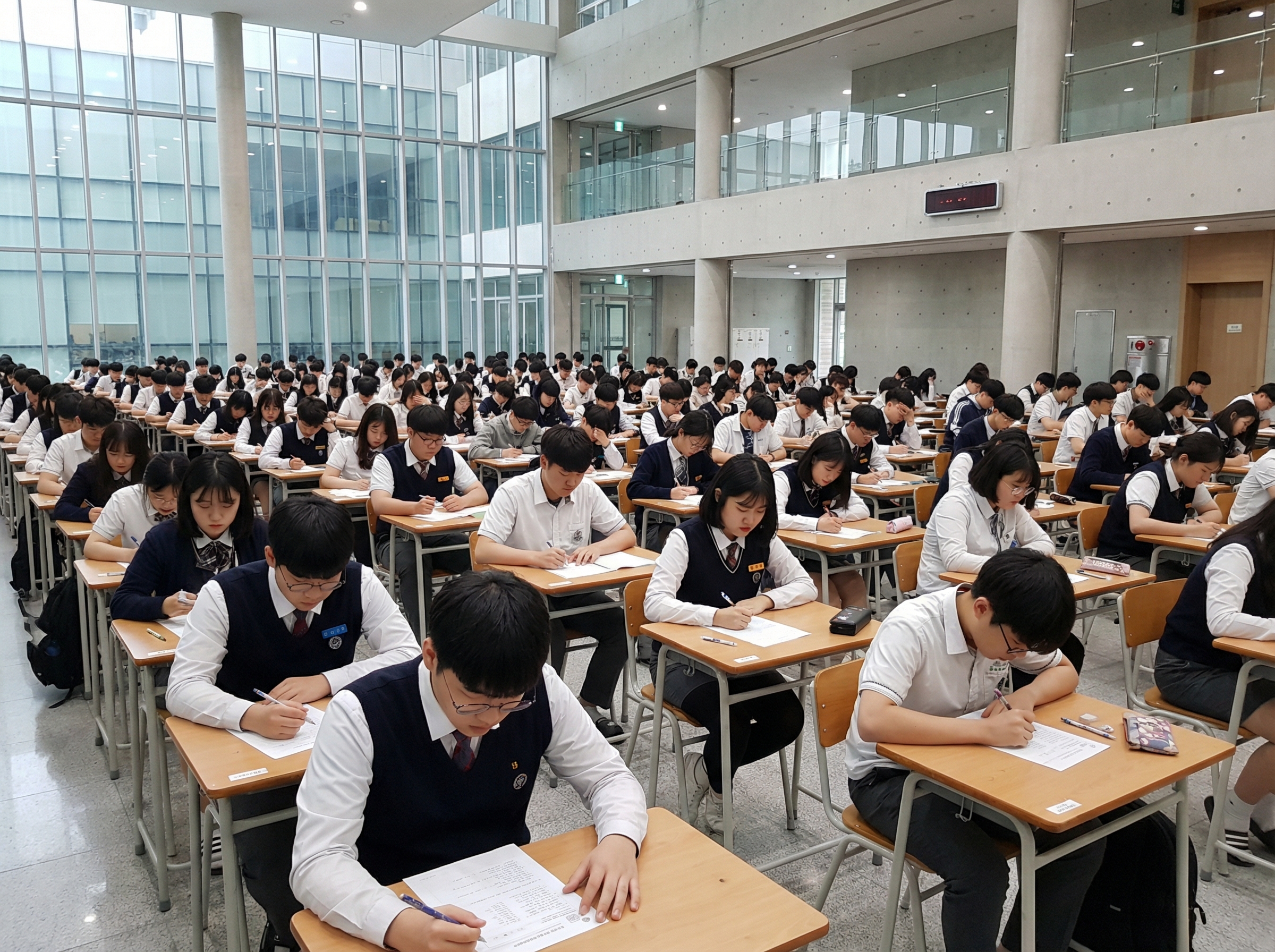 Many Korean students sitting at desks in a large, well-lit exam hall taking a paper-based exam, focused expressions, modern architectural background, informational style, 4:3 aspect ratio, no visible text.