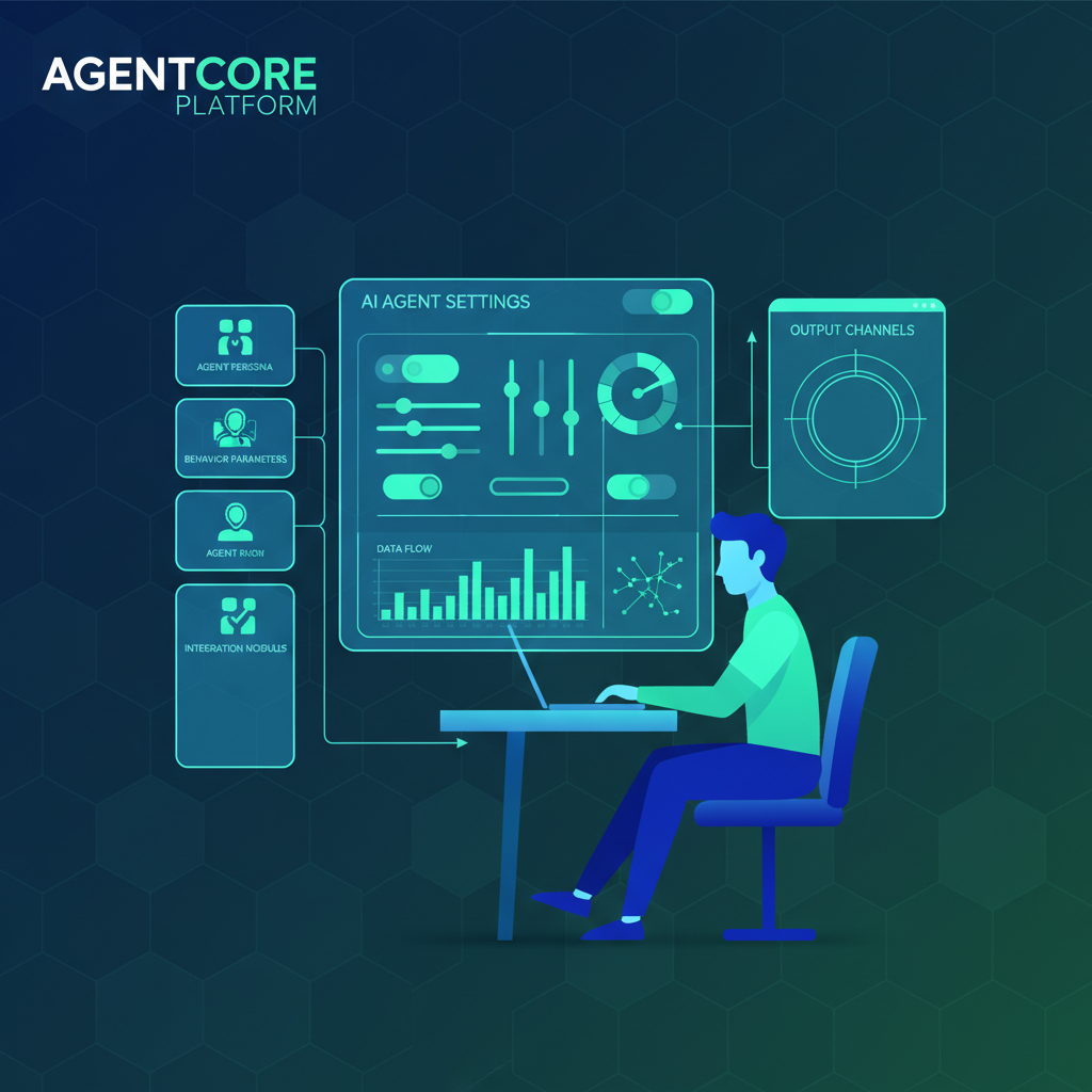 Modern layout infographic illustrating a developer interacting with the AgentCore platform interface to customize AI agent settings. Focus on control panels and data flow with a bright, clean aesthetic. Textured background, high contrast. No visible text.