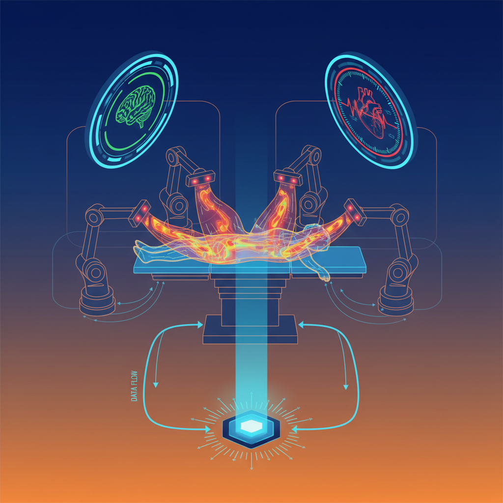 A futuristic operating room with subtle visual indicators showing AI monitoring through thermal sensors, demonstrating optimized workflow and coordination, clean infographic style, high contrast, colored background, no text, 1:1 aspect ratio