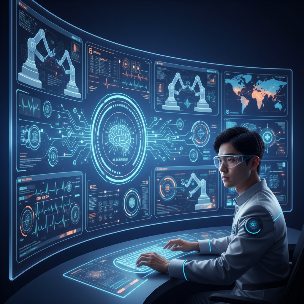 Futuristic control room display showing real-time data of multiple operating rooms, AI interfaces, a focused Korean doctor or technician monitoring, clean infographic style, modern layout, high contrast, colored background, no text, 4:3 aspect ratio