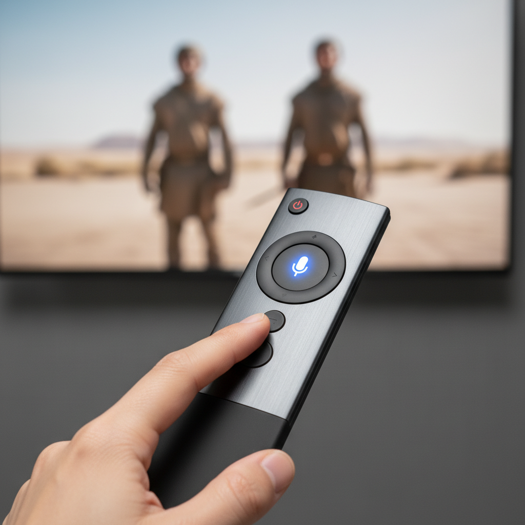 A close-up of a Korean person's hand holding a sleek smart TV remote, with a glowing microphone icon on the remote. In the background, a blurred TV screen shows a recognizable movie scene. Style: lifestyle photography, bright balanced lighting, textured dark gray background. No visible text in image.