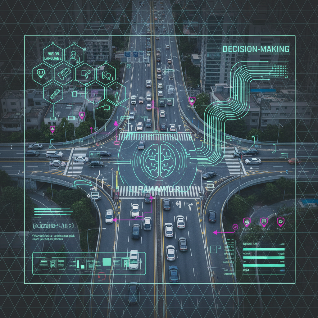 A clean infographic showing a car's perspective of a complex urban road, with overlaid digital elements representing Alpamayo-R1's vision language processing and decision-making in real-time. Modern layout, high contrast, textured background, bright lighting. No visible text.