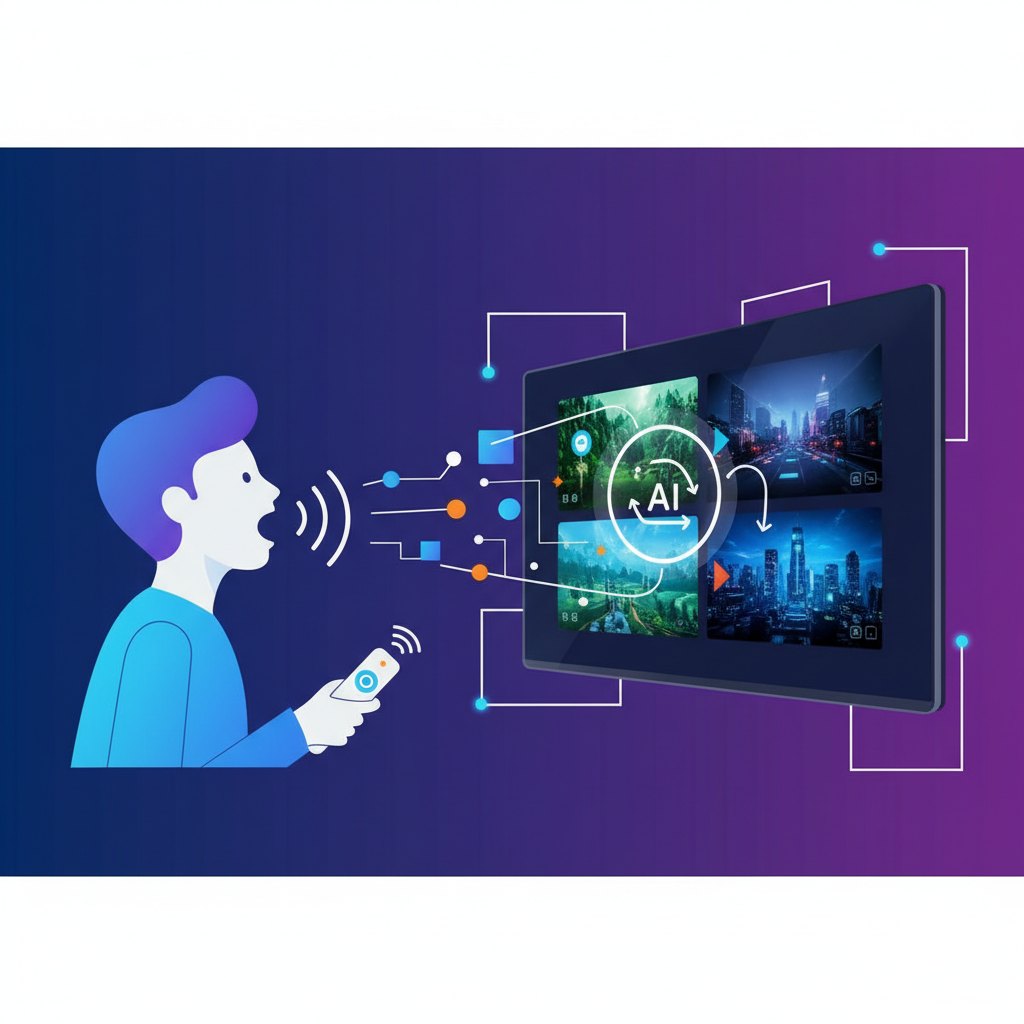 A clean infographic showing a person interacting with a smart TV remote, with AI elements flowing from the person's voice to the TV screen, illustrating scene jumping. Style: clean infographic, modern layout, high contrast. No visible text, no Korean characters. Colored background, minimal empty space.