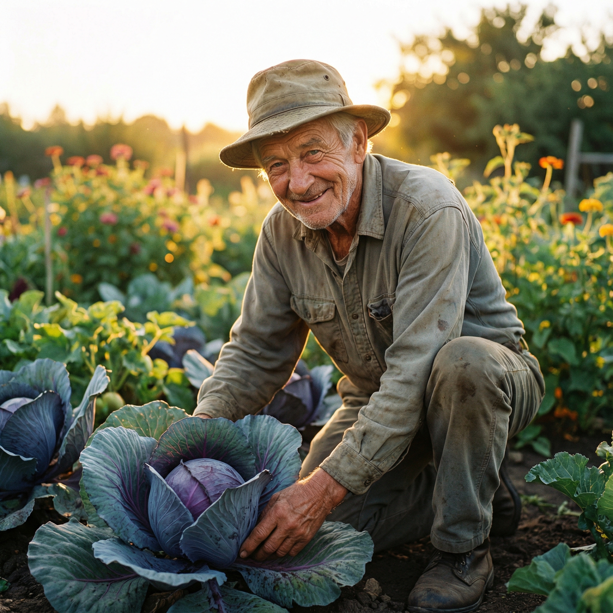 An elderly man with a warm smile, wearing a gardening hat, tending to a vibrant red cabbage in his garden. The sun is setting softly, creating a natural, warm lighting. Lifestyle photography, natural setting, 1:1 aspect ratio, no visible text.