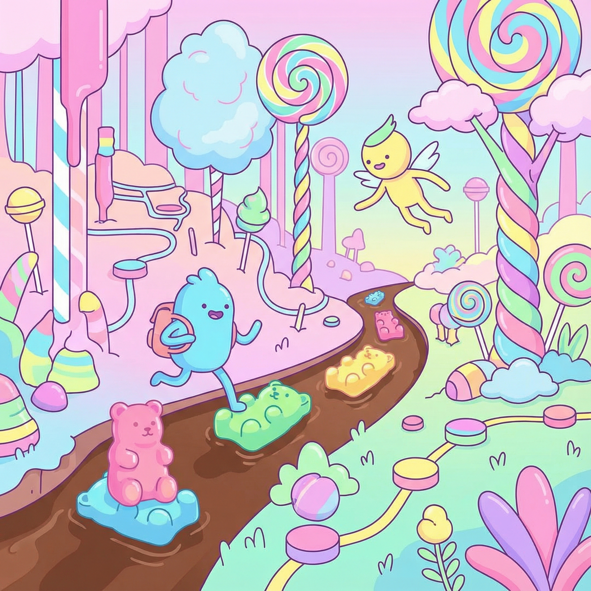 Animated character adventures in a surreal, dreamlike candy forest, vibrant colors, clean infographic style, no visible text, aspect ratio 1:1
