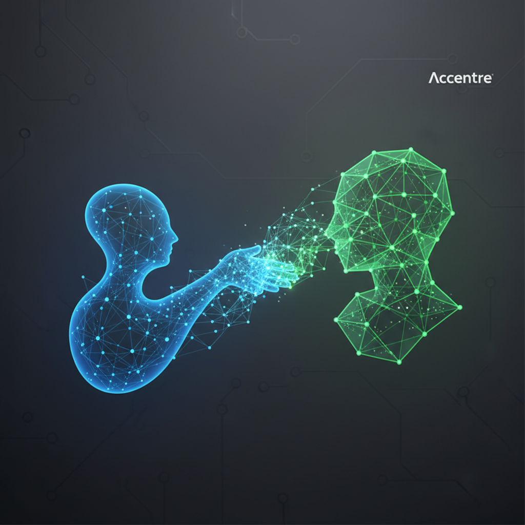 A clean infographic showing two abstract entities, one representing Anthropic and the other Accenture, shaking hands or connecting through glowing AI neural networks, modern layout, high contrast, blue and green color palette, no text, textured background.