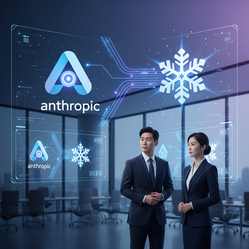A modern clean infographic showing two distinct corporate logos, Anthropic and Snowflake, with glowing lines connecting them, symbolizing a strong partnership and data flow. The background is a modern, gradient blue and purple. No visible text, minimal UI elements if any, only symbols. Korean appearance business people looking at connected screens in a modern office, clean lines, high contrast, balanced lighting.