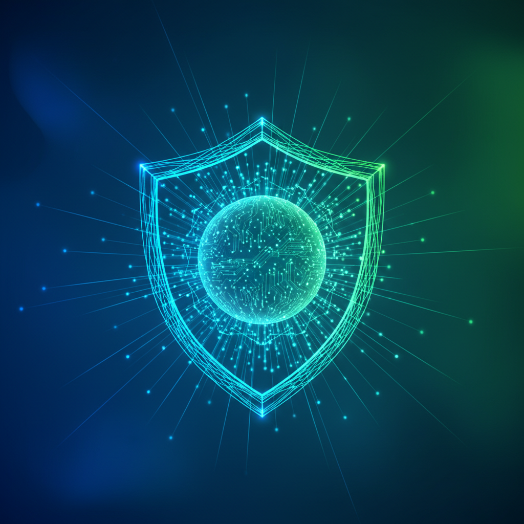 An abstract, conceptual illustration representing advanced AI safety measures. Interconnected glowing lines form a protective shield around a central AI core, suggesting security and control. Style: clean infographic, modern layout, high contrast. No visible text. Dynamic blue and green gradient background, no empty margins.