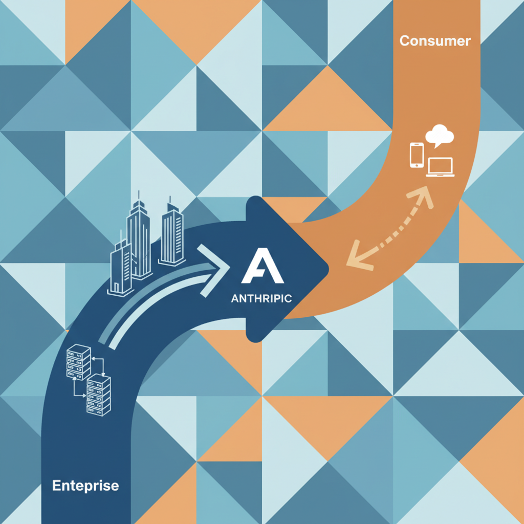 A dynamic infographic showing two diverging paths: one path labeled "Enterprise" with a strong, growing arrow pointing towards corporate buildings and data centers, and the other path labeled "Consumer" with a smaller, less prominent arrow. Anthropic's logo is prominently displayed on the "Enterprise" path. The background is a geometric pattern with contrasting colors. No visible text, stylized, clean infographic, balanced lighting.