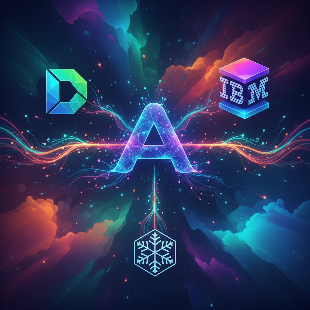 An artistic rendering of Anthropic's logo connecting with several other abstract corporate logos (representing Deloitte, IBM, Snowflake) through glowing data lines, demonstrating strategic partnerships, vibrant colored background, no text.