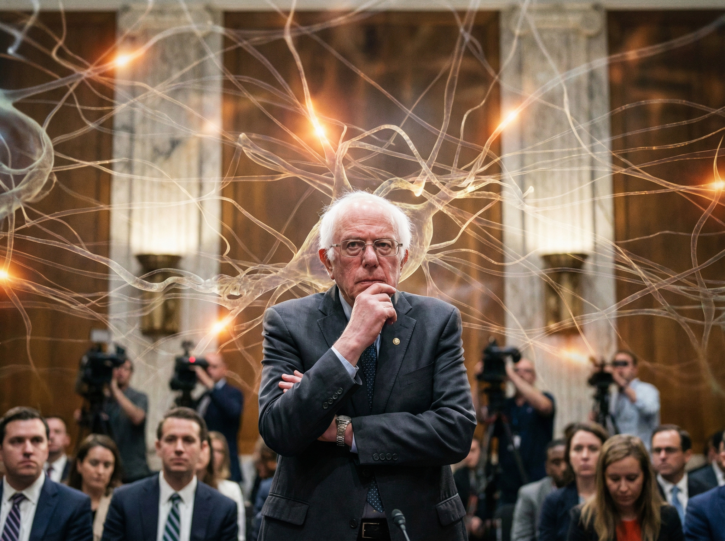 Bernie Sanders in a congressional setting, looking serious and contemplative. Behind him, subtle, glowing neural network patterns blend with the architecture, suggesting AI's pervasive presence. Informational style, 4:3 aspect ratio, no visible text.