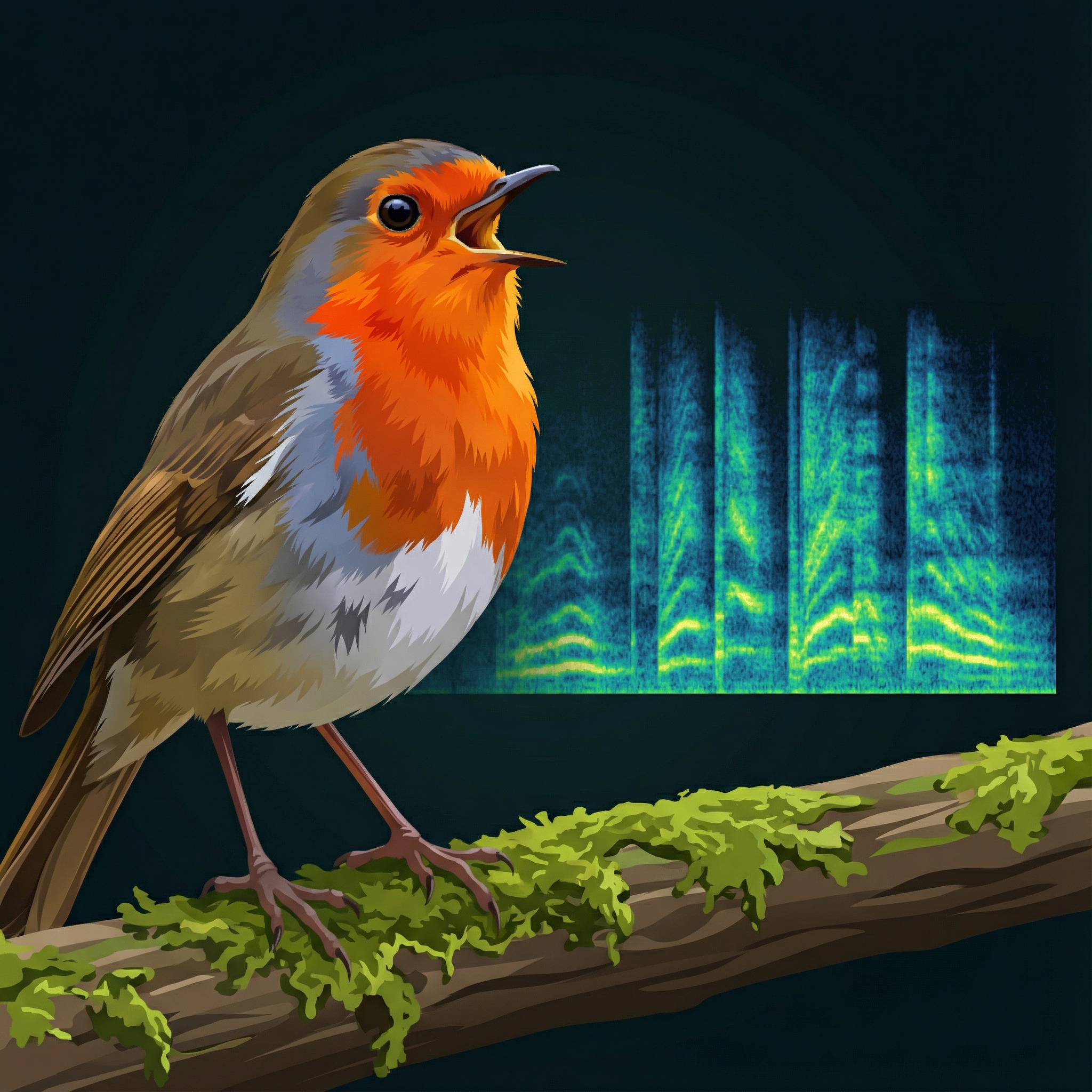 A vibrant bird, perhaps a robin or a thrush, singing on a branch, with a semi-transparent spectrogram overlay showing distinct sound patterns next to it. Informational style, clean infographic, modern layout, high contrast, aspect ratio 1:1, no visible text, no Korean text.